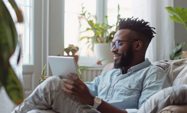 Person with dark skin, glasses, and beard looking at a tablet device. Their arm is holding the tablet while resting on a crossed knee. There are plants in the background and light coming in the window.