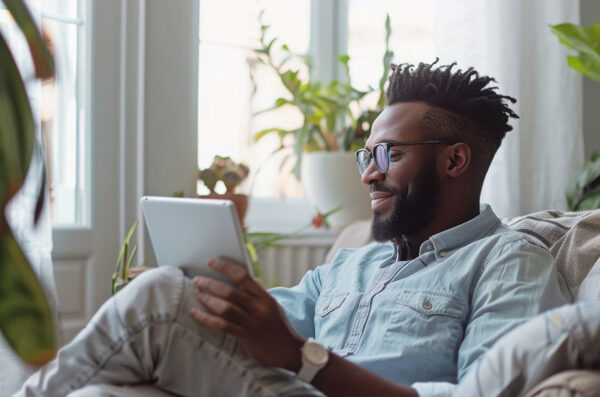 Person with dark skin, glasses, and beard looking at a tablet device. Their arm is holding the tablet while resting on a crossed knee. There are plants in the background and light coming in the window.