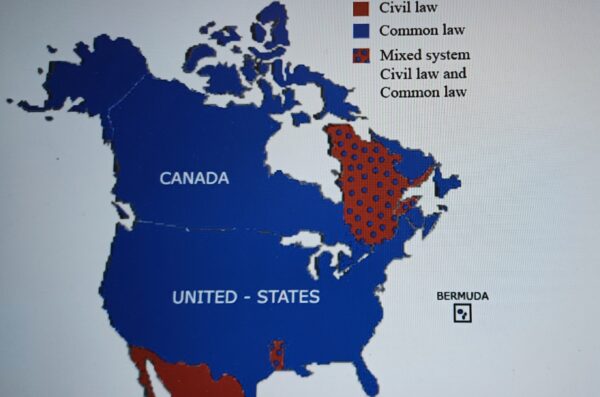 Map of North American showing the various legal systems in place