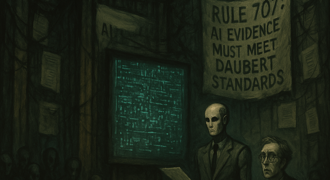The setting is surreal and oppressive, with towering, distorted architecture and shadowy lighting. A judge with an unreadable expression sits high above, almost lost in the gloom, examining a flickering, cryptic digital screen filled with AI-generated data. A humanoid robot, expressionless and bureaucratic, presents the evidence, while a human expert witness appears confused and powerless. The courtroom is filled with faceless observers, and the walls are covered in tangled wires and legal documents. A banner reading 'Rule 707: AI Evidence Must Meet Daubert Standards' hangs crookedly, partially obscured by shadows. The atmosphere is eerie, dreamlike, and filled with a sense of alienation and helplessness.