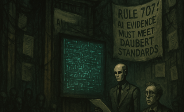 The setting is surreal and oppressive, with towering, distorted architecture and shadowy lighting. A judge with an unreadable expression sits high above, almost lost in the gloom, examining a flickering, cryptic digital screen filled with AI-generated data. A humanoid robot, expressionless and bureaucratic, presents the evidence, while a human expert witness appears confused and powerless. The courtroom is filled with faceless observers, and the walls are covered in tangled wires and legal documents. A banner reading 'Rule 707: AI Evidence Must Meet Daubert Standards' hangs crookedly, partially obscured by shadows. The atmosphere is eerie, dreamlike, and filled with a sense of alienation and helplessness.