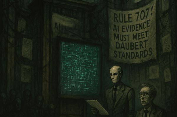 The setting is surreal and oppressive, with towering, distorted architecture and shadowy lighting. A judge with an unreadable expression sits high above, almost lost in the gloom, examining a flickering, cryptic digital screen filled with AI-generated data. A humanoid robot, expressionless and bureaucratic, presents the evidence, while a human expert witness appears confused and powerless. The courtroom is filled with faceless observers, and the walls are covered in tangled wires and legal documents. A banner reading 'Rule 707: AI Evidence Must Meet Daubert Standards' hangs crookedly, partially obscured by shadows. The atmosphere is eerie, dreamlike, and filled with a sense of alienation and helplessness.