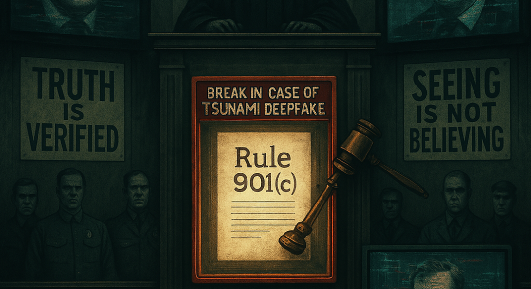 A dystopian, Orwellian-themed courtroom scene illustrating the proposed Federal Rule of Evidence 901(c), which addresses the authentication of deepfake evidence. The setting is dark and oppressive, with towering surveillance screens showing distorted faces and glitching video feeds. In the center, a large emergency-style glass case labeled 'BREAK IN CASE OF TSUNAMI DEEPFAKE' is mounted on a wall. Hanging off to the side of the case is a judge’s gavel, positioned as if it is meant to be used to break the glass. Inside the case is a glowing document titled 'Rule 901(c)'. A faceless judge looms above the courtroom, surrounded by bureaucratic enforcers in identical uniforms. A defendant stands alone, confused, while a video of them plays on a screen—its authenticity in question. The walls are adorned with propaganda posters reading 'TRUTH IS VERIFIED' and 'SEEING IS NOT BELIEVING'. The atmosphere is eerie and authoritarian, evoking themes of surveillance, control, and the fragility of truth in the age of AI.