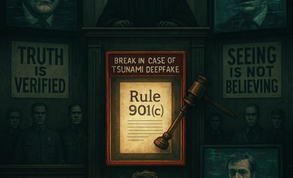 A dystopian, Orwellian-themed courtroom scene illustrating the proposed Federal Rule of Evidence 901(c), which addresses the authentication of deepfake evidence. The setting is dark and oppressive, with towering surveillance screens showing distorted faces and glitching video feeds. In the center, a large emergency-style glass case labeled 'BREAK IN CASE OF TSUNAMI DEEPFAKE' is mounted on a wall. Hanging off to the side of the case is a judge’s gavel, positioned as if it is meant to be used to break the glass. Inside the case is a glowing document titled 'Rule 901(c)'. A faceless judge looms above the courtroom, surrounded by bureaucratic enforcers in identical uniforms. A defendant stands alone, confused, while a video of them plays on a screen—its authenticity in question. The walls are adorned with propaganda posters reading 'TRUTH IS VERIFIED' and 'SEEING IS NOT BELIEVING'. The atmosphere is eerie and authoritarian, evoking themes of surveillance, control, and the fragility of truth in the age of AI.