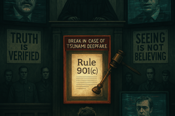 A dystopian, Orwellian-themed courtroom scene illustrating the proposed Federal Rule of Evidence 901(c), which addresses the authentication of deepfake evidence. The setting is dark and oppressive, with towering surveillance screens showing distorted faces and glitching video feeds. In the center, a large emergency-style glass case labeled 'BREAK IN CASE OF TSUNAMI DEEPFAKE' is mounted on a wall. Hanging off to the side of the case is a judge’s gavel, positioned as if it is meant to be used to break the glass. Inside the case is a glowing document titled 'Rule 901(c)'. A faceless judge looms above the courtroom, surrounded by bureaucratic enforcers in identical uniforms. A defendant stands alone, confused, while a video of them plays on a screen—its authenticity in question. The walls are adorned with propaganda posters reading 'TRUTH IS VERIFIED' and 'SEEING IS NOT BELIEVING'. The atmosphere is eerie and authoritarian, evoking themes of surveillance, control, and the fragility of truth in the age of AI.